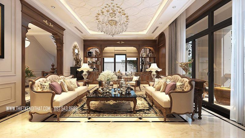 Biệt thự Vinhomes Greenbay Hà Nội có một mẫu sofa gỗ óc chó bọc da đẹp đẳng cấp.